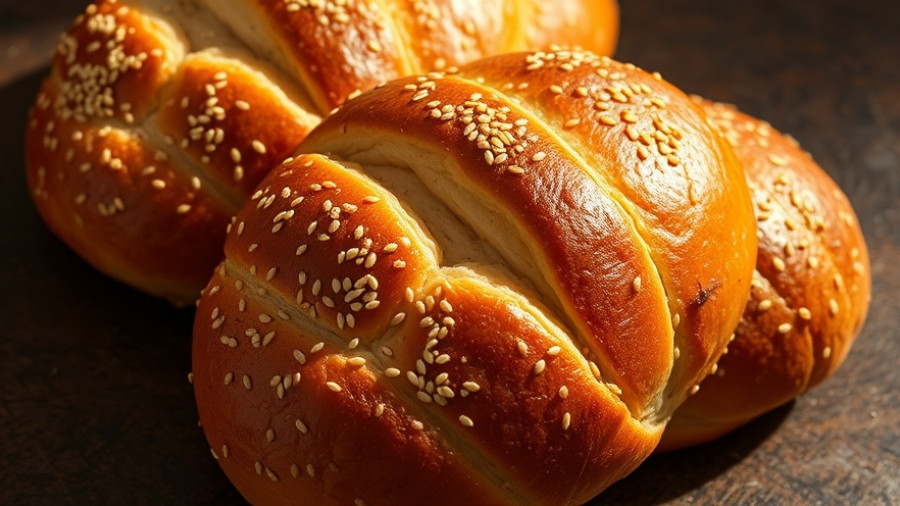 Traditional pan de muerto breads, golden crust, sesame seeds.