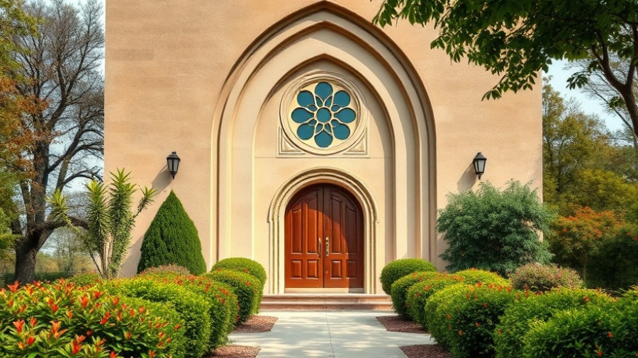 Santa Rosa church facade amidst lush garden, peaceful atmosphere.