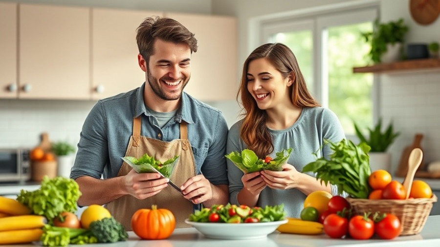 Happy couple enjoying healthy meal, breaking unhealthy eating cycles, in kitchen.