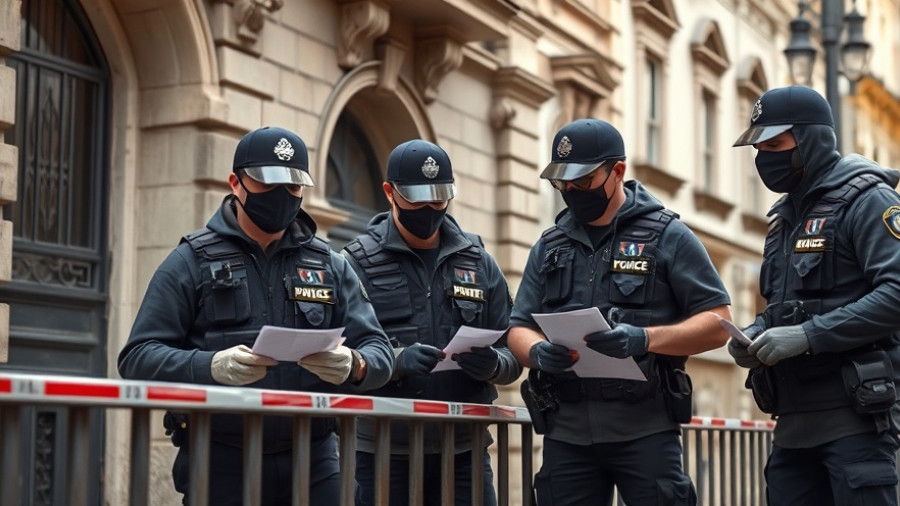 Police investigate site of Louvre heist, examining evidence markers.