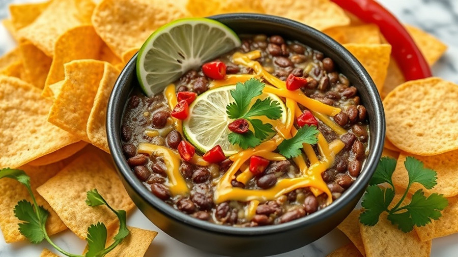 High Protein Black Bean Dip with tortilla chips and garnishes.