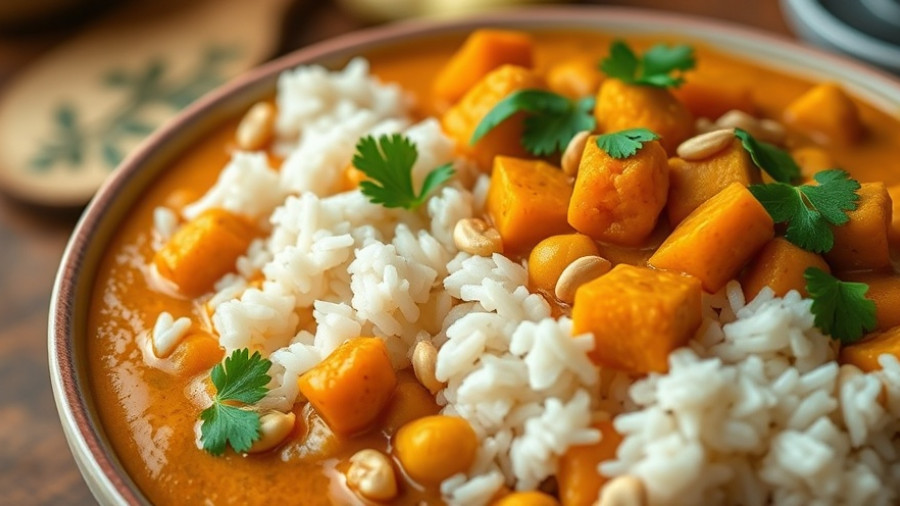 One pot butternut squash curry with rice and herbs.