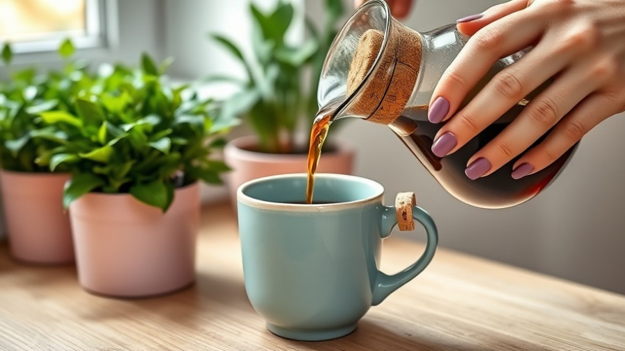 Pouring coffee at home into a mug with plants in background.