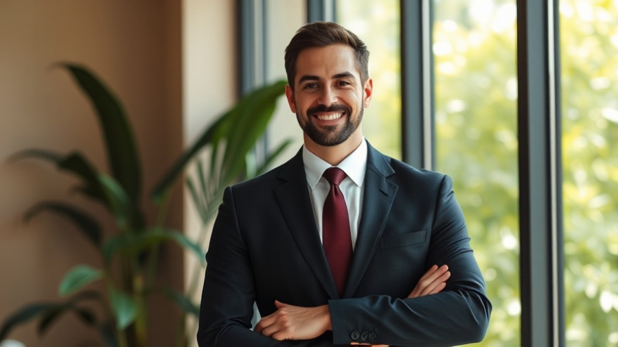 Professional in a blue suit smiling indoors, University of Akron growth plans.