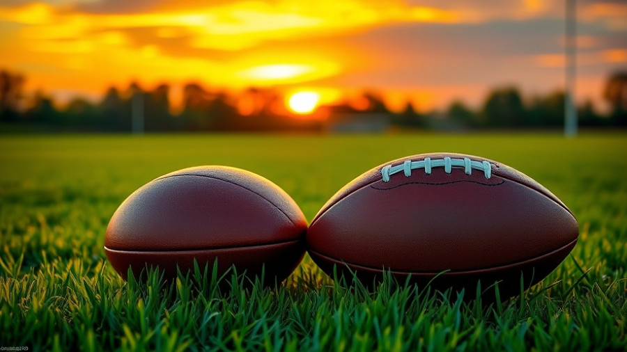 High school football scene in Akron with footballs on field at sunset.