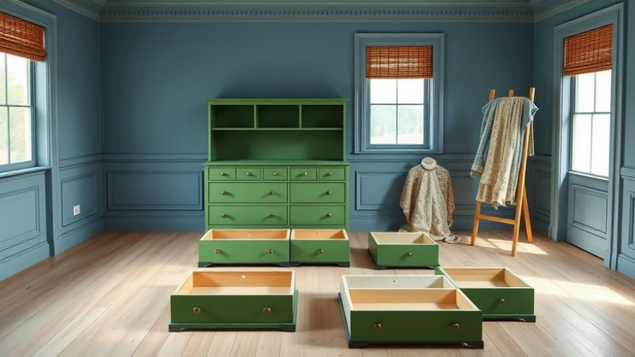 Bedroom dresser transformation scene with green-painted drawers, blue walls.