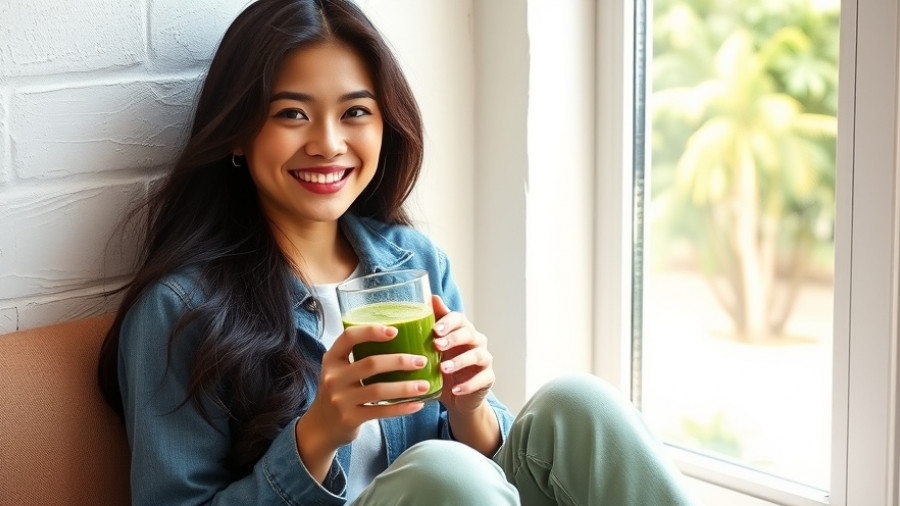 Young woman enjoying a green juice indoors with natural light.