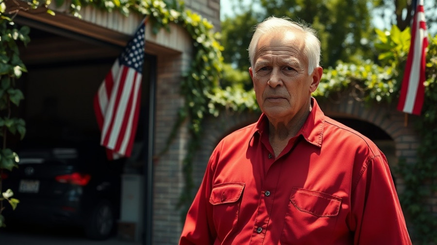 Older man in red shirt standing by garage with American flag, California Proposition 50 context.