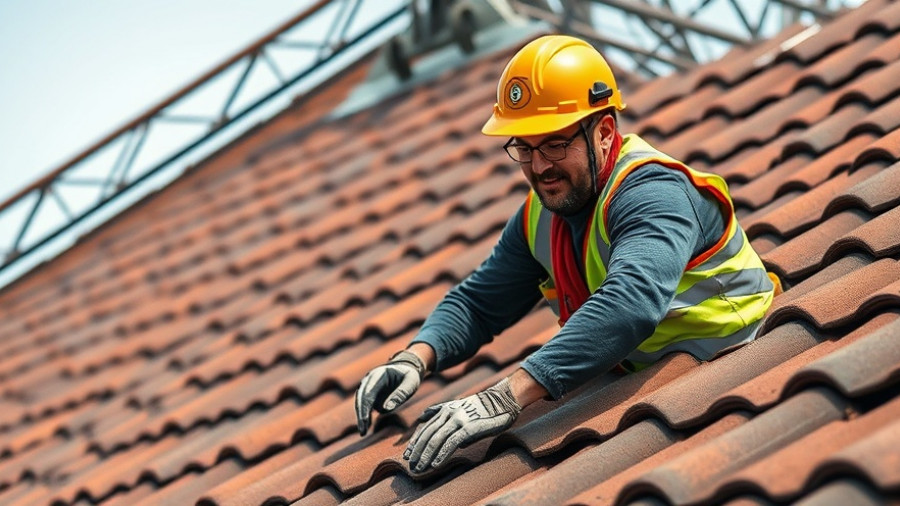 Roof Replacement Savings Tips: Worker installing roofing tiles safely.