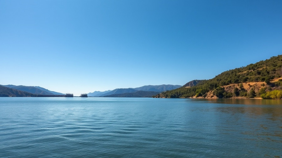 Scenic view of a lake with a dam and mountains, San Diego 2025.