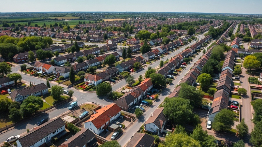Aerial suburban view representing how home prices lag inflation.