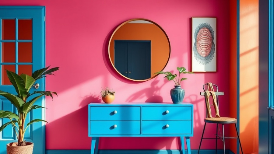 Modern interior with vibrant home color choices, blue table, pink and terracotta walls.
