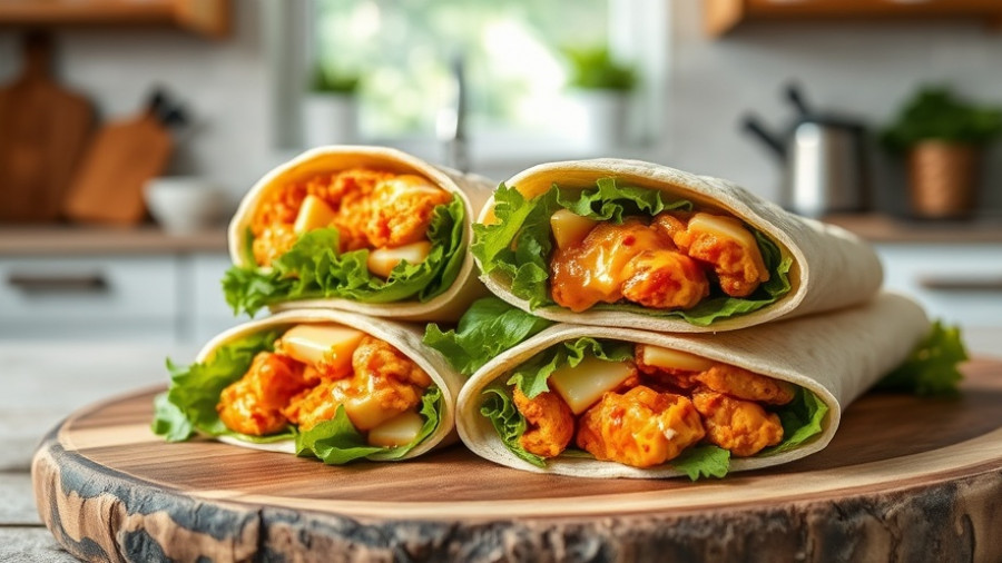 Easy Buffalo Chicken Wraps presented on a wooden board.
