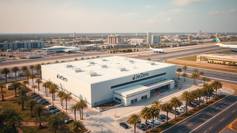 JetZero investment in Long Beach facility with airport view.