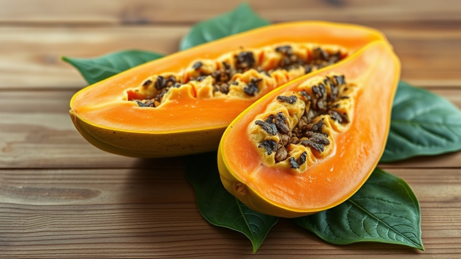 Fresh sliced papaya with leaves highlighting health benefits.