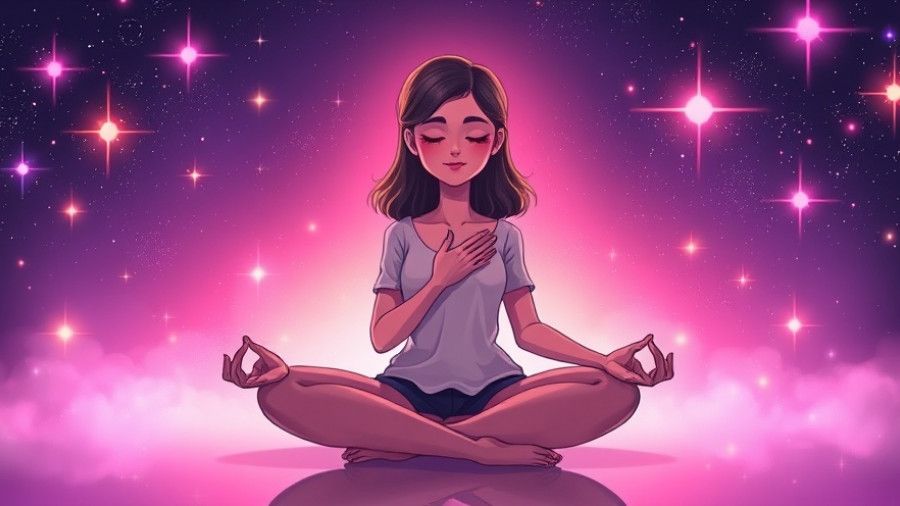 Chronic Illness and Identity: Meditative woman reflecting with cosmic lights.