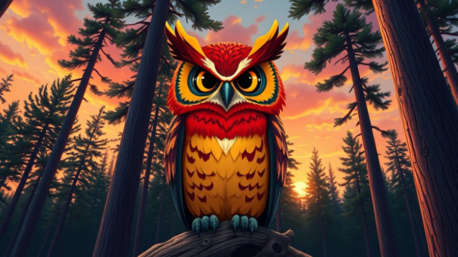 Colorful owl in a forest at sunset, representing overcoming burnout.