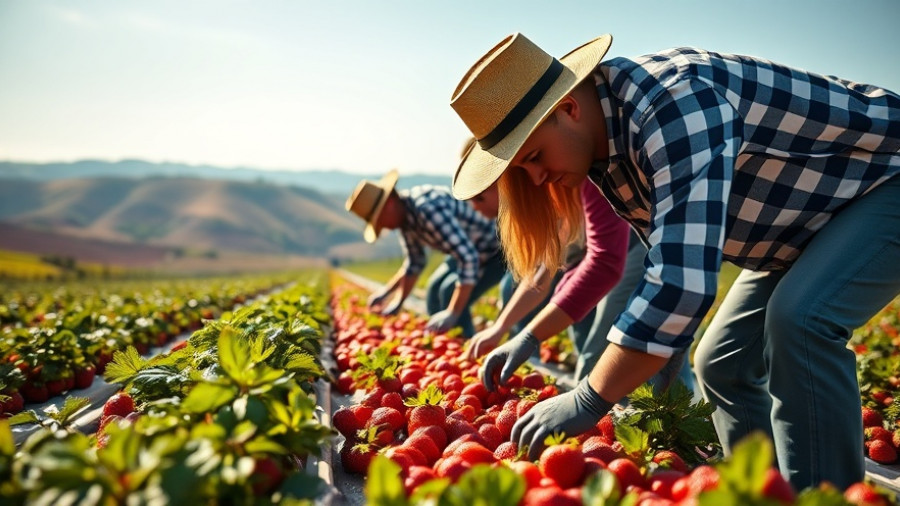 Farmworkers harvesting strawberries in a rural field under bright sunlight.