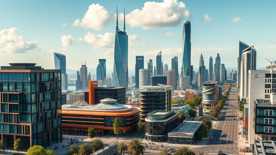 Futuristic urban skyline showcasing 2026 real estate market trends.