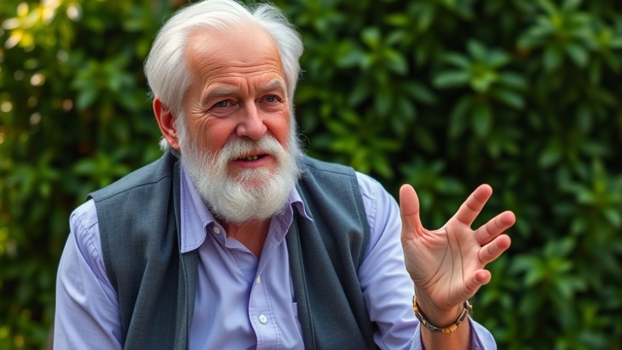 Elderly man gesturing outdoors with thoughtful expression amidst greenery.