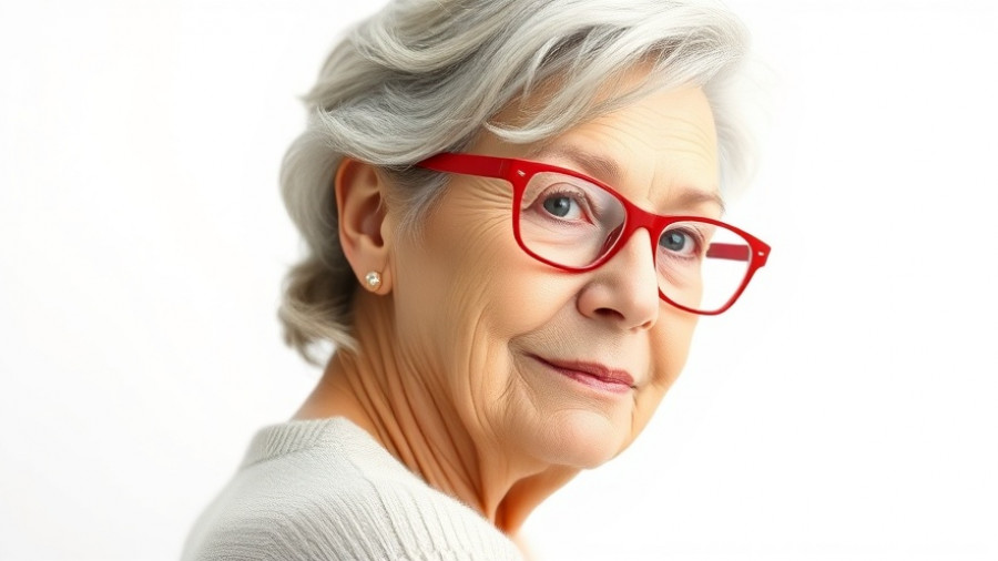 Elderly woman with red glasses, serene expression; managing depression in San Diego North County.