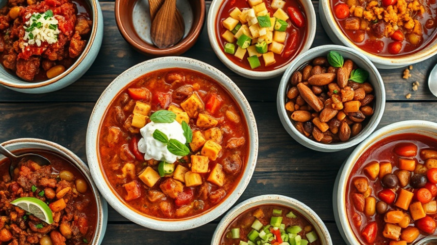 Colorful family-friendly chili recipes in bowls with toppings.