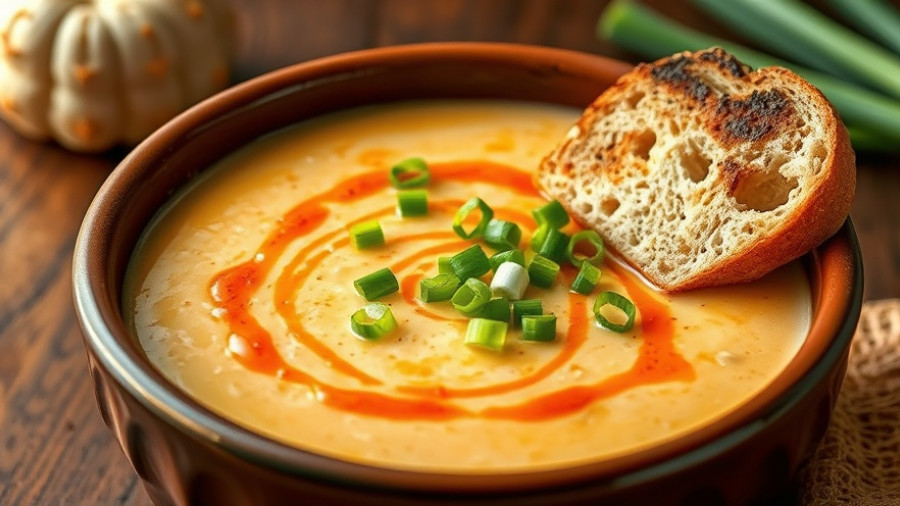Delicious cheddar buffalo cauliflower soup with garnishes in a rustic bowl.