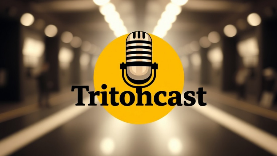 Tritoncast logo with vintage microphone and yellow circle backdrop.
