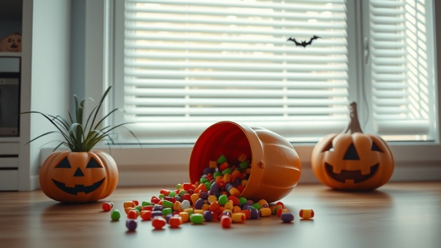 Smart home display with Halloween candy spilling from a pumpkin bucket.