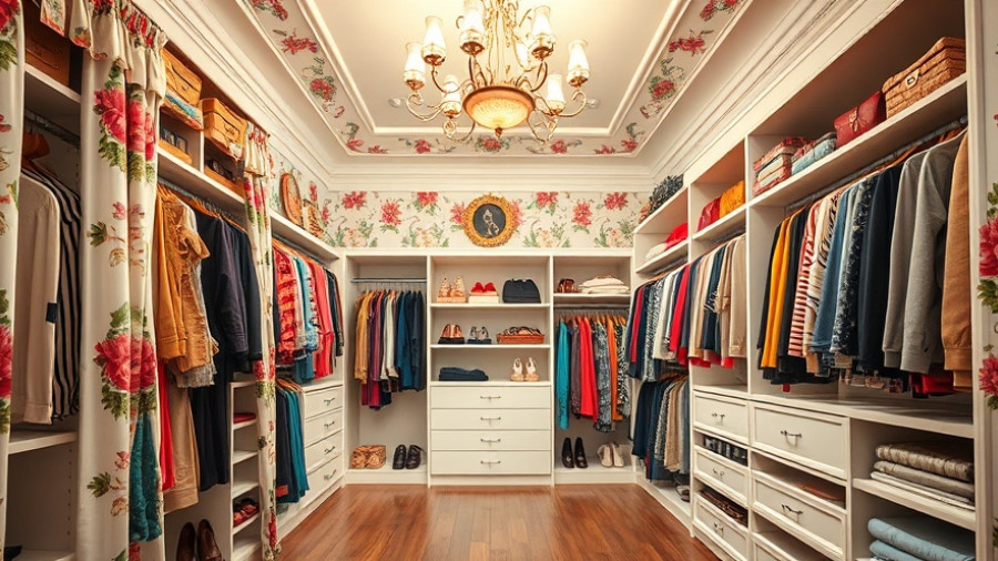 Colorful Walk-In Closet Curtains with luxurious interior and lighting.