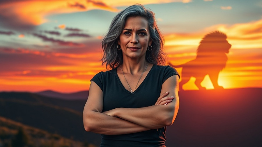 Navigating Perimenopause: Confident woman with lion silhouette at sunset.