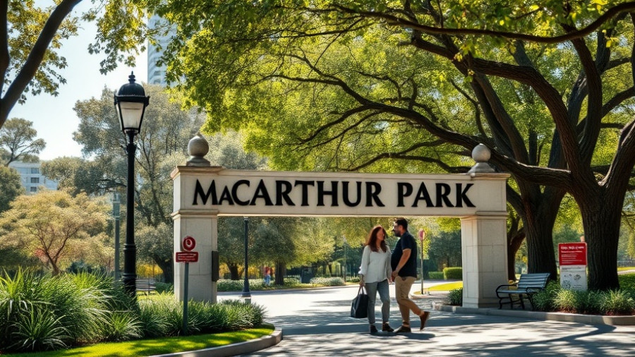 Sign at MacArthur Park with people relaxing in the shade, illustrating homelessness and security.