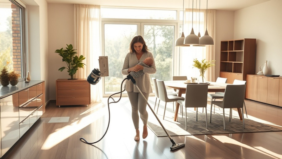 Woman vacuuming with baby in bright dining room – Bissell CleanView Vacuum Review.