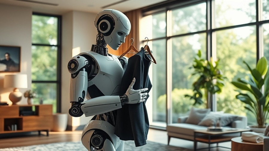 Humanoid home robot organizing clothes in elegant living room.