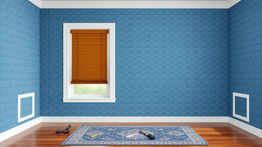 Room with blue grasscloth wallpaper and window trim