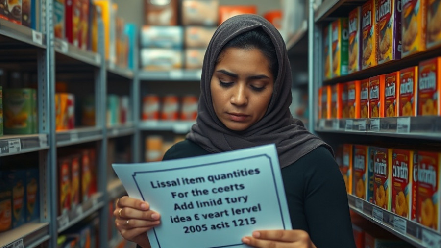 Food pantry visitor reads item limit sign amid California food stamp shortfall.