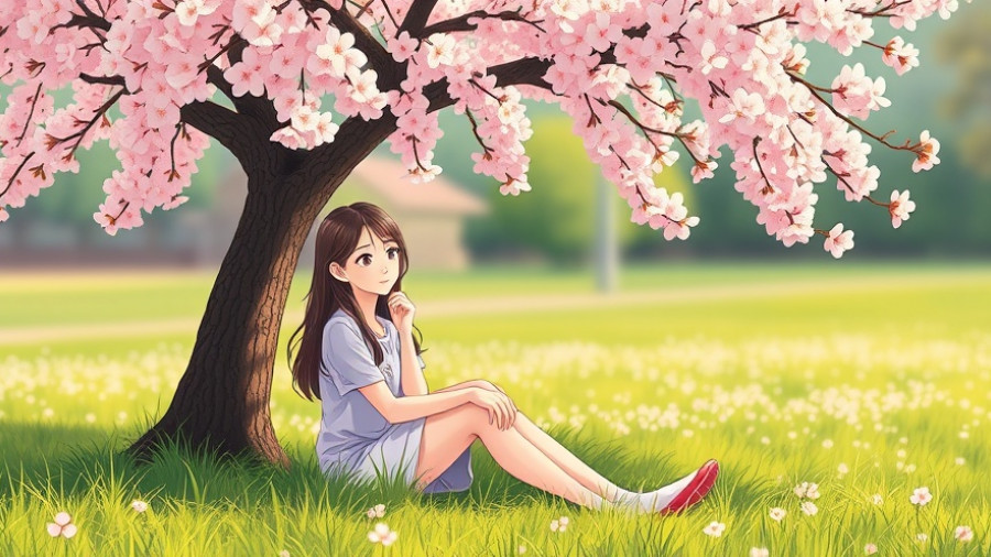 Woman under cherry tree reflecting on self-worth and loneliness