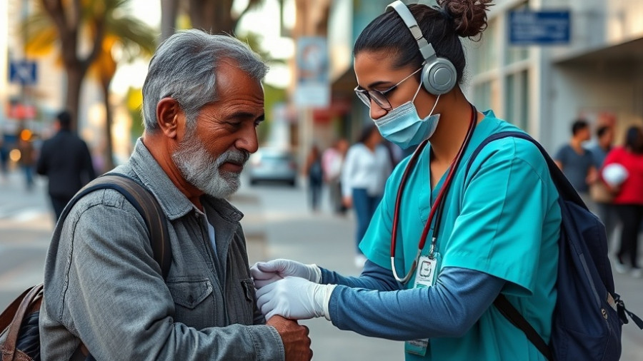 Healthcare worker aiding homeless man, Ending Homelessness in San Diego.