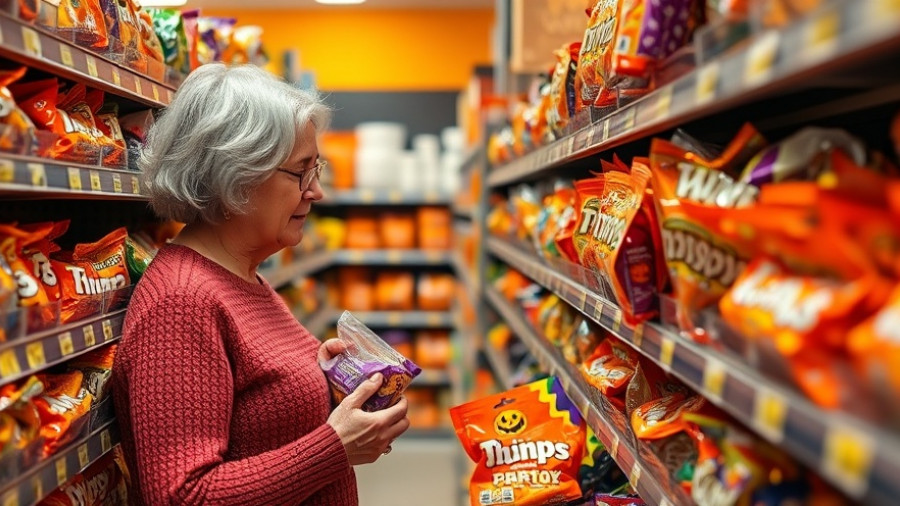 Woman checking Halloween candy prices at a grocery store.
