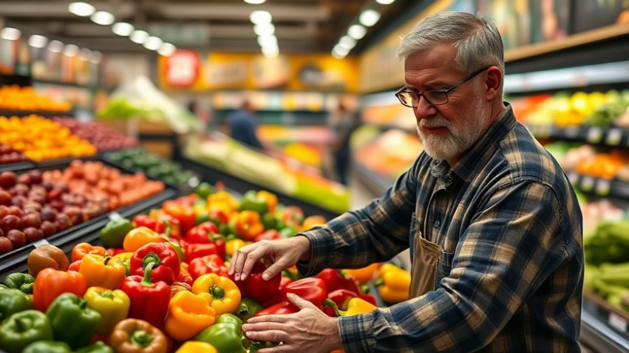 Man organizing bell peppers in grocery store, SNAP Benefits Understanding.