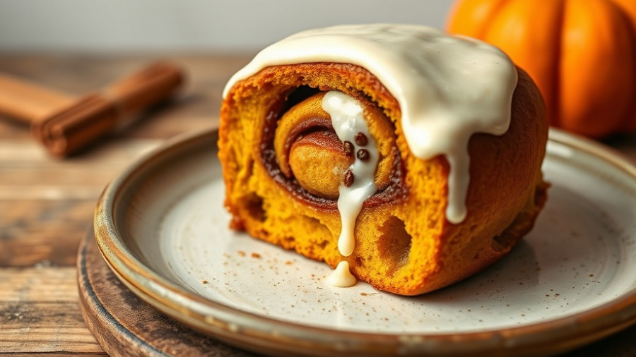 Delicious pumpkin cinnamon roll with creamy icing on a rustic plate.