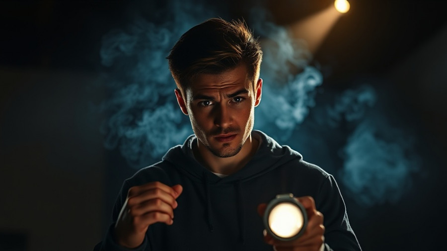 Young man searching in a smoky room with flashlight, SoCal performances November 2025.