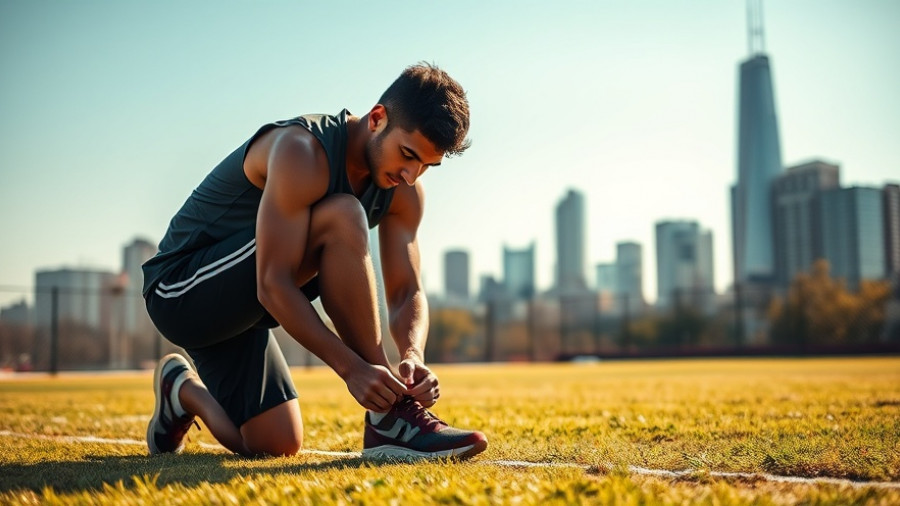 Young man tying shoe before running in NYC, outdoor prep.
