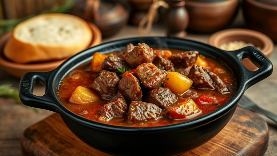 Easy beef stew recipe with steaming stew and fresh herbs.