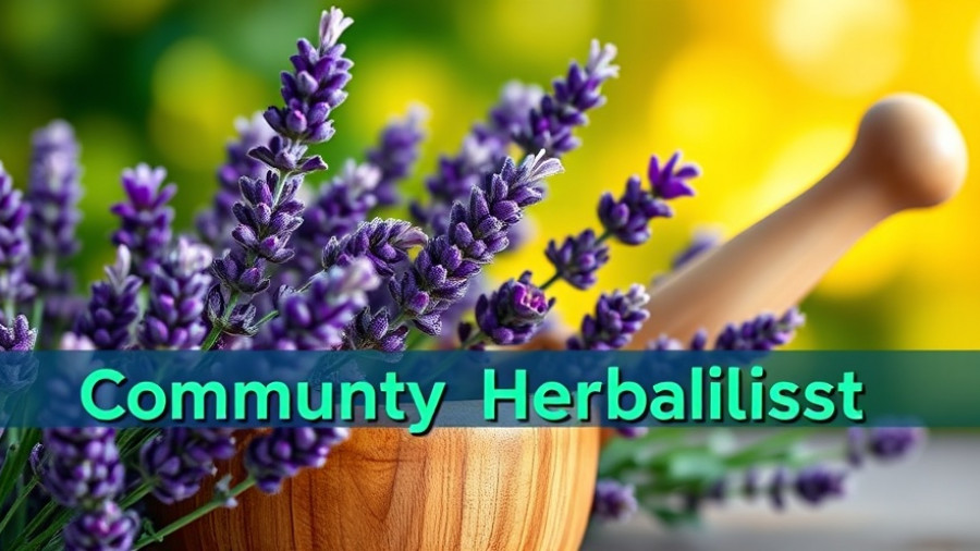 Community herbalism banner with lavender and pestle, bright colors.