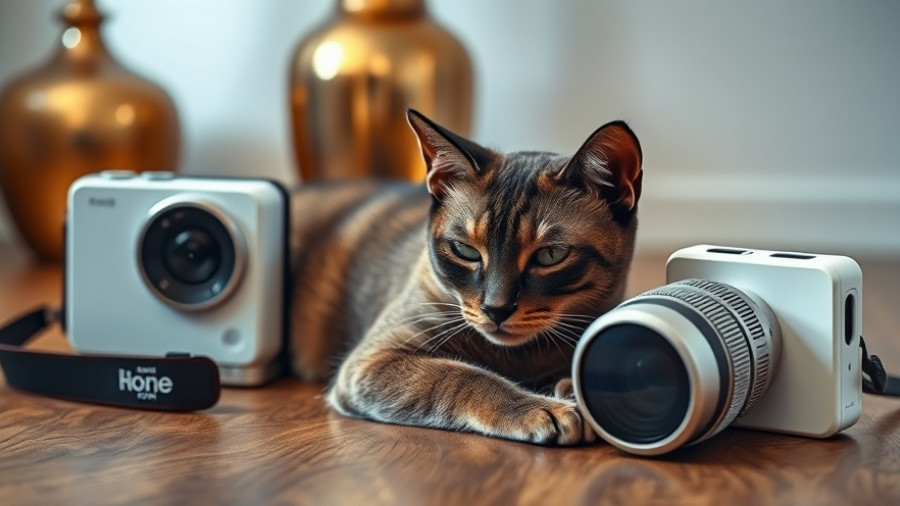 Cat with sleek fur next to a best home pet cam on a wooden surface.