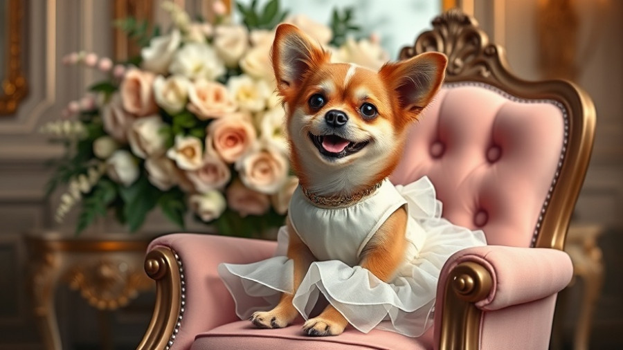 Dog in couture dress on pink chair, dog couture San Diego.