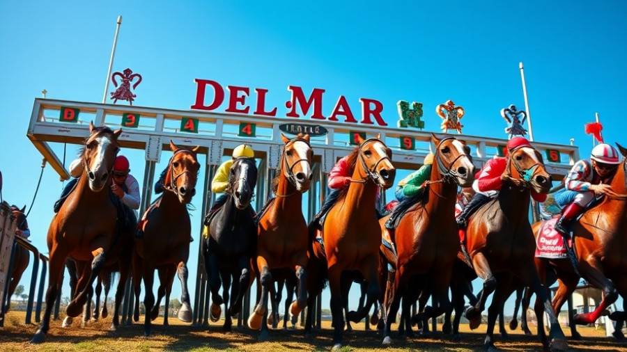 Del Mar horse race start with jockeys and horses in vibrant action.