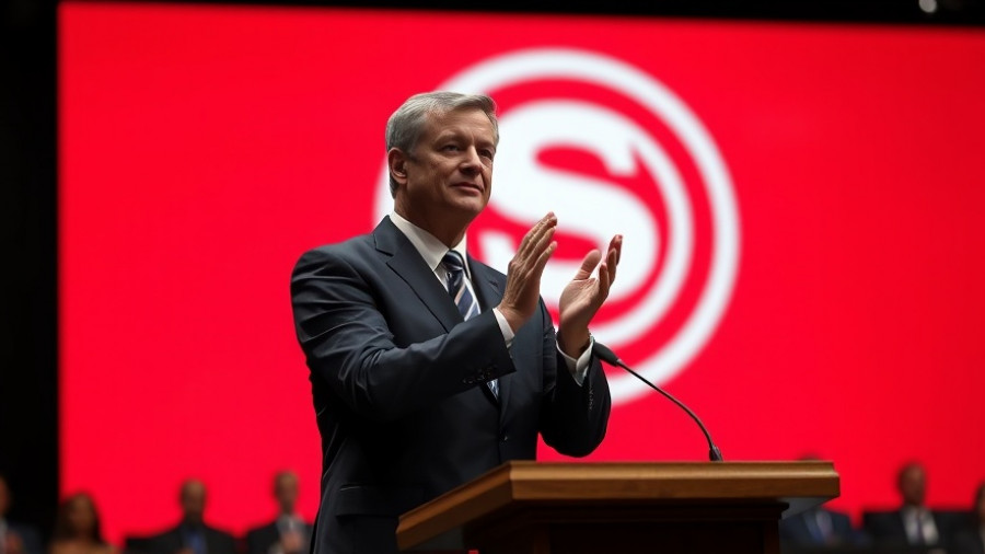 Businessman at podium discussing weight loss drug market.