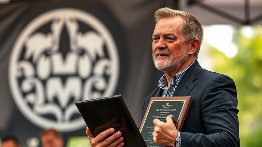 Confident speaker discussing housing crisis solutions at an outdoor event.